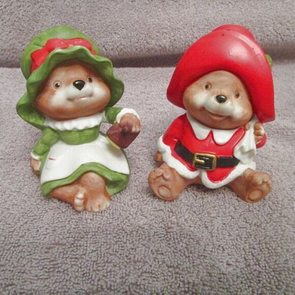 Vintage SET OF 2 Homco CHRISTMAS BEAR Figurines BISQUE Porcelain SANTA Couple - Picture 2 of 11